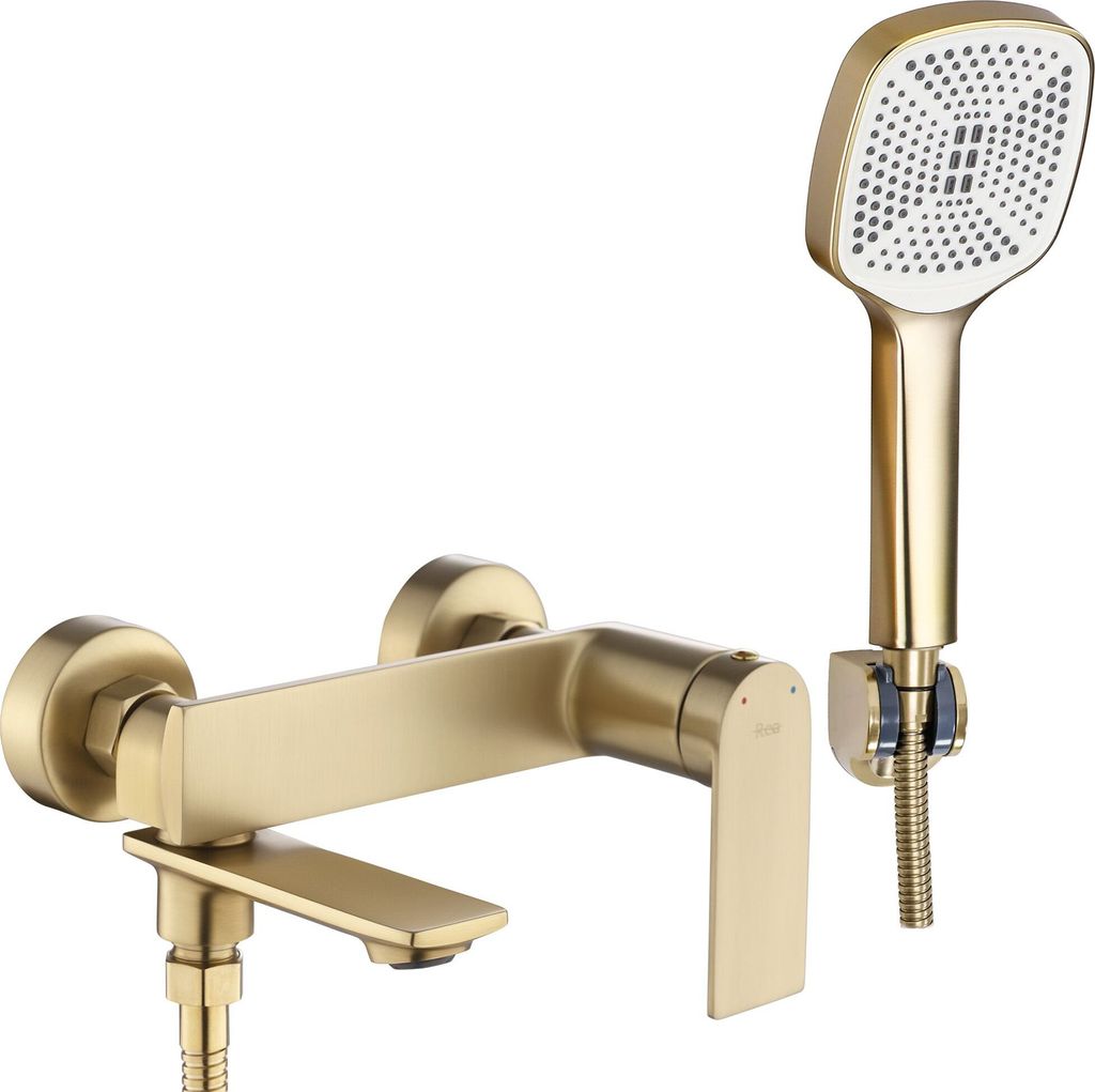A gold-colored bathtub faucet with a showerhead attachment, displayed against a white background.