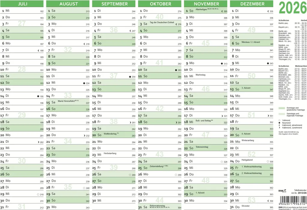 Calendrier à panneaux 2026 RNK Verlag 2913/26 B4 horizontal 2x 6 mois