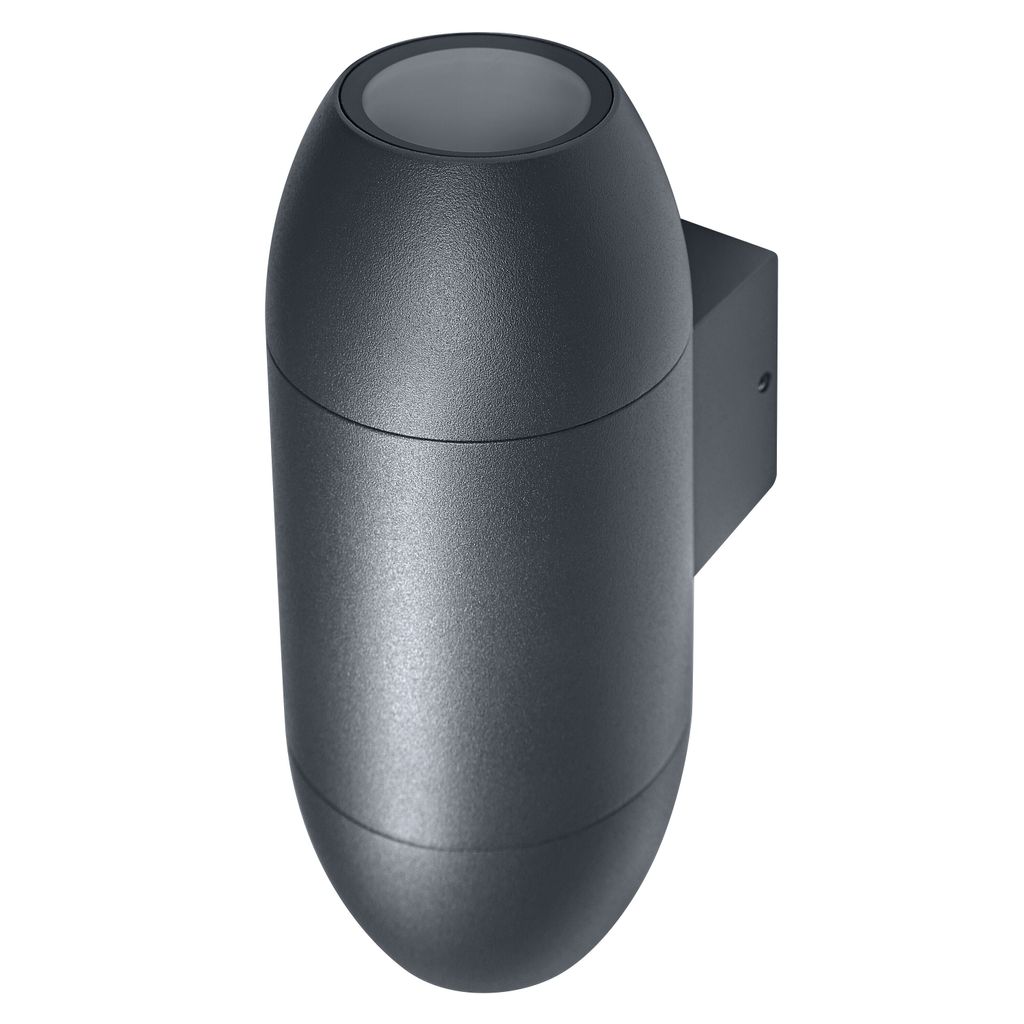 A dark gray outdoor wall lamp with a cylindrical body and rounded top and bottom, mounted on a black rectangular bracket.