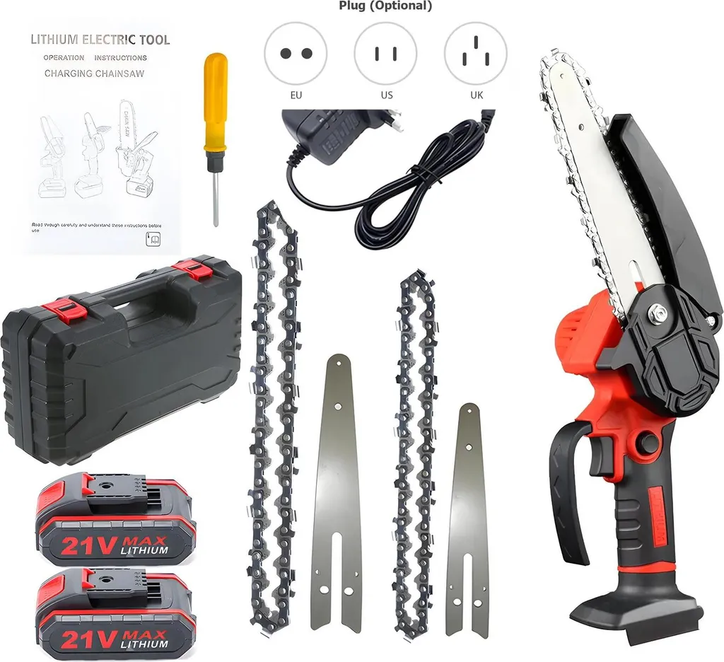 Mini Motosega Elettrica 21V con Doppia Batteria e 2 Catene - Rosso