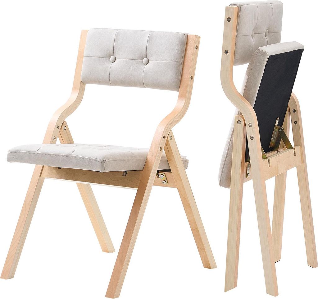 Two views of a folding chair with a beige upholstered seat and backrest, set against a white background.