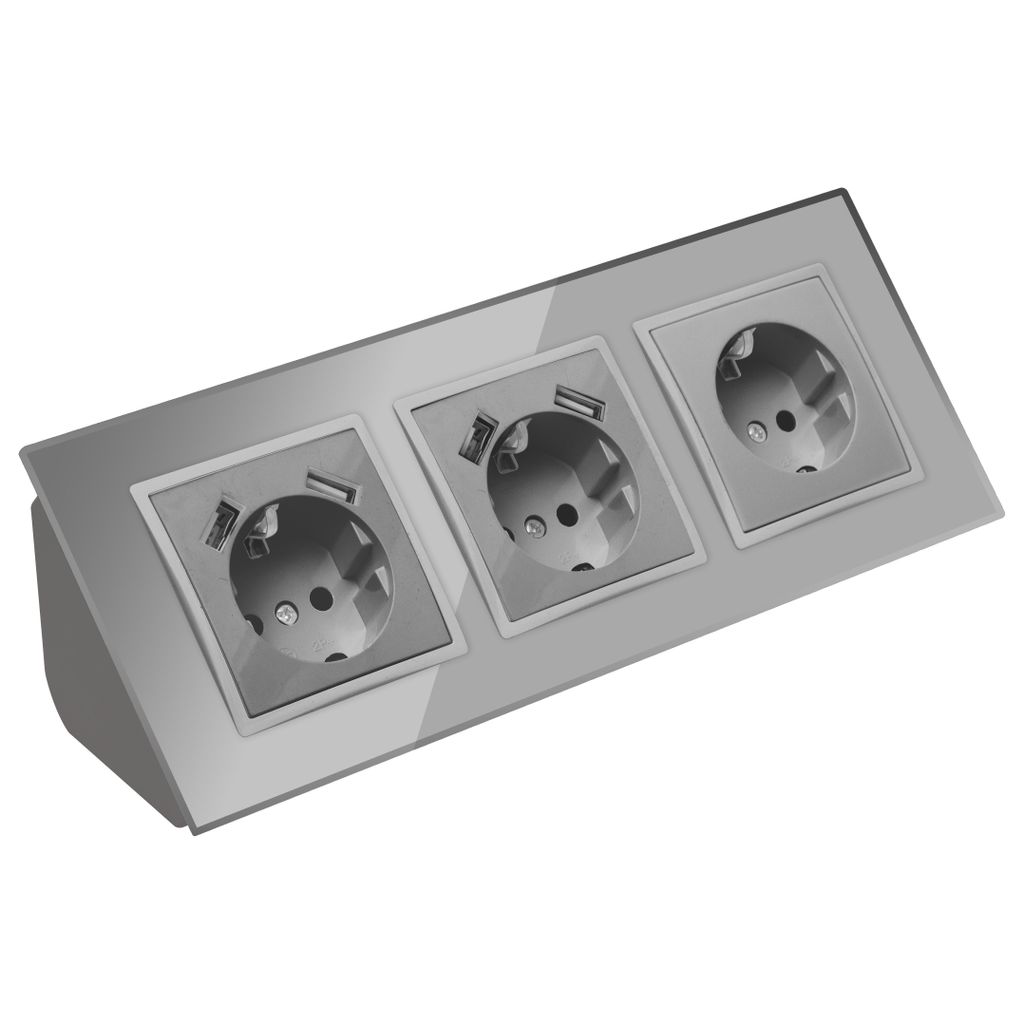 Glas Ecksteckdose 2-fach Steckdose mit USB und Schuko Steckdose Steckdosenblock 45° Verteilerdose silber.