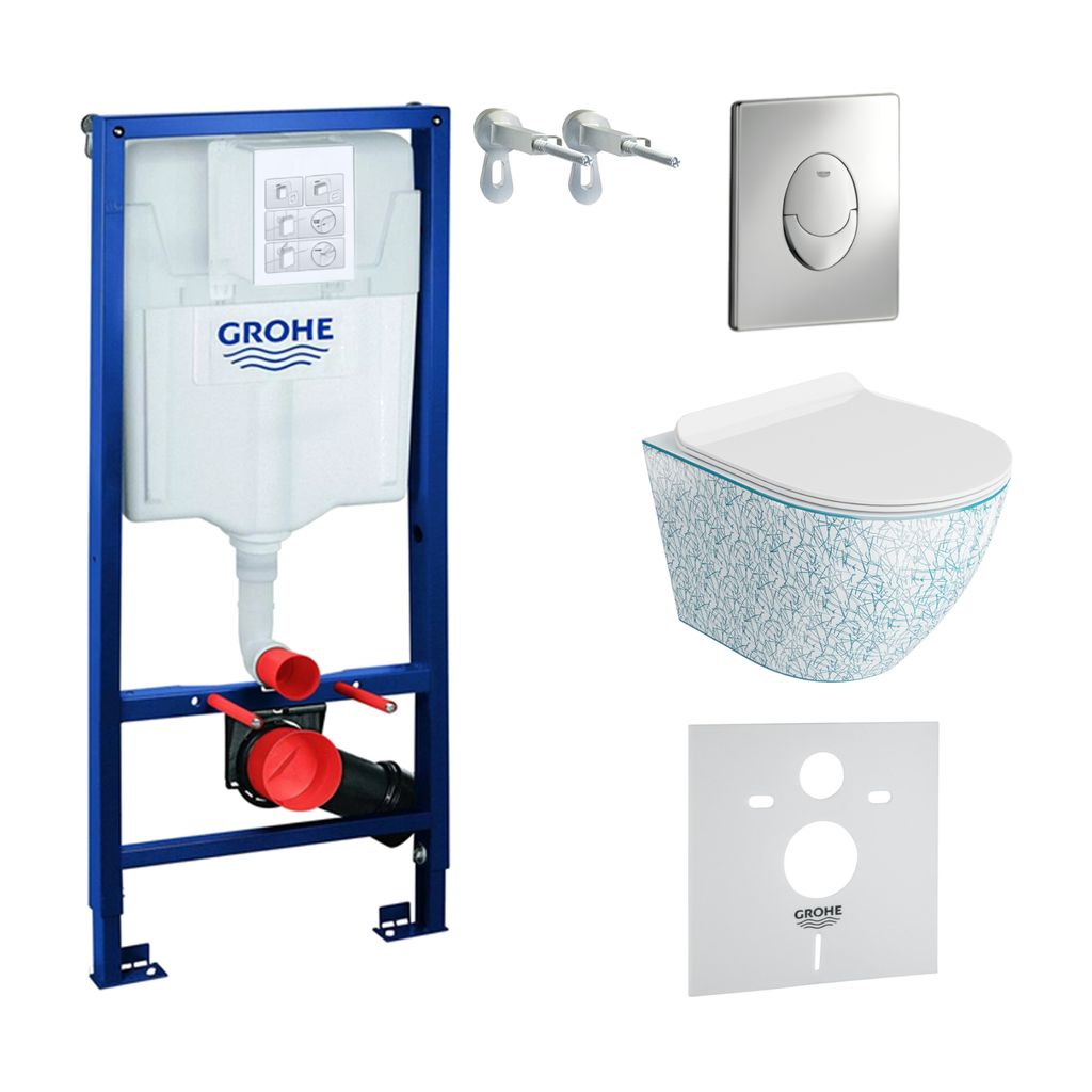 GROHE Vorwandelement Solido Start + Wand Hänge WC Sofi Slim Kresz Weiß/Blau Spülrandlos + WC-Sitz SoftClose | Verchromter Knopf | Komplettset | ...