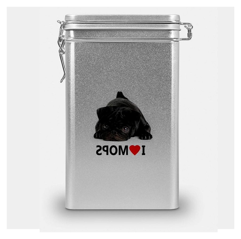 Hundefutterdose Mops, Vorratsdose, Leckerliedose, Blechdose, Hundenapf mit Mops-Motiv - Silber