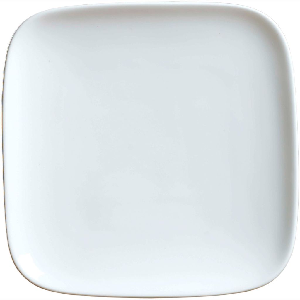 A single white square plate with rounded corners is shown from a top-down perspective.