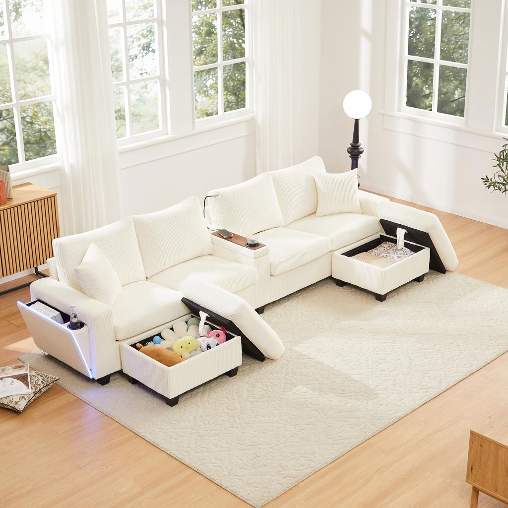 okwish Ecksofa,Modulares Sofa,Sechssitzer,Schlafsofa mit Stauraum und Hockern,Wohnzimmersofa mit USB Type-C und LED Beleuchtung,für Wohnzimmer und...