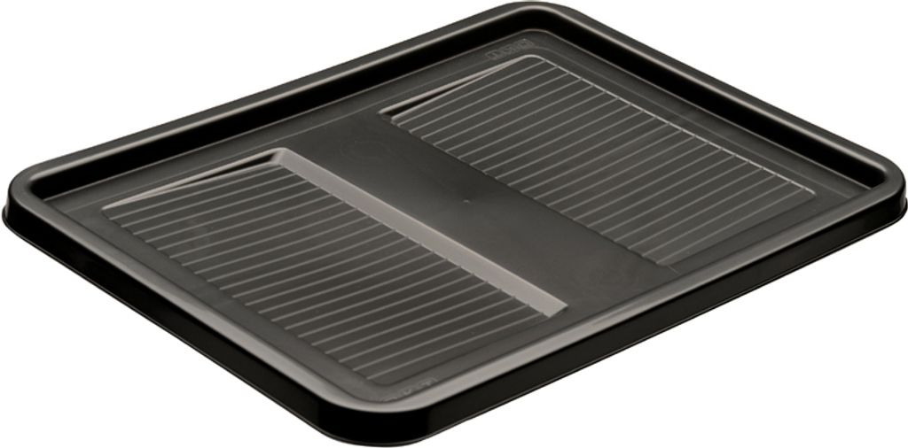 A black plastic tray with a ribbed surface.