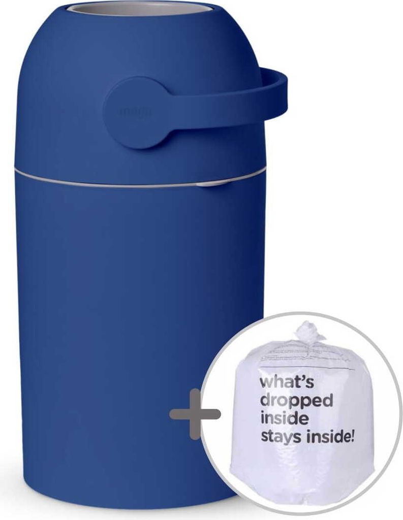 A blue diaper bin and a bag of trash bags are shown against a white background.