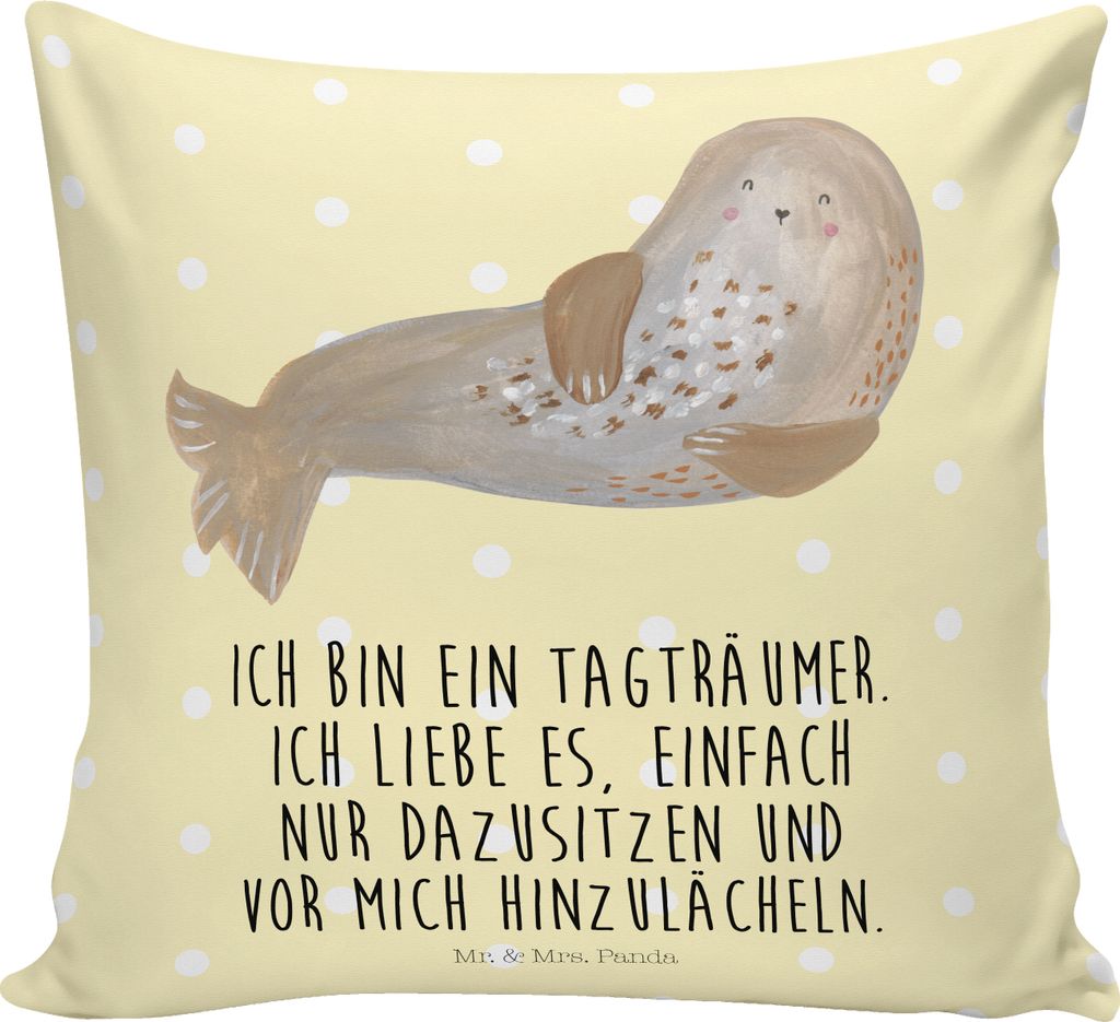 Mr. & Mrs. Panda Dekokissen Robbe Lachen - Gelb Pastell - Geschenk, kuschelkissen 40x40, Nordsee, Sofakissen, Lustige Sprüche, Ostsee, kissen, Zie...