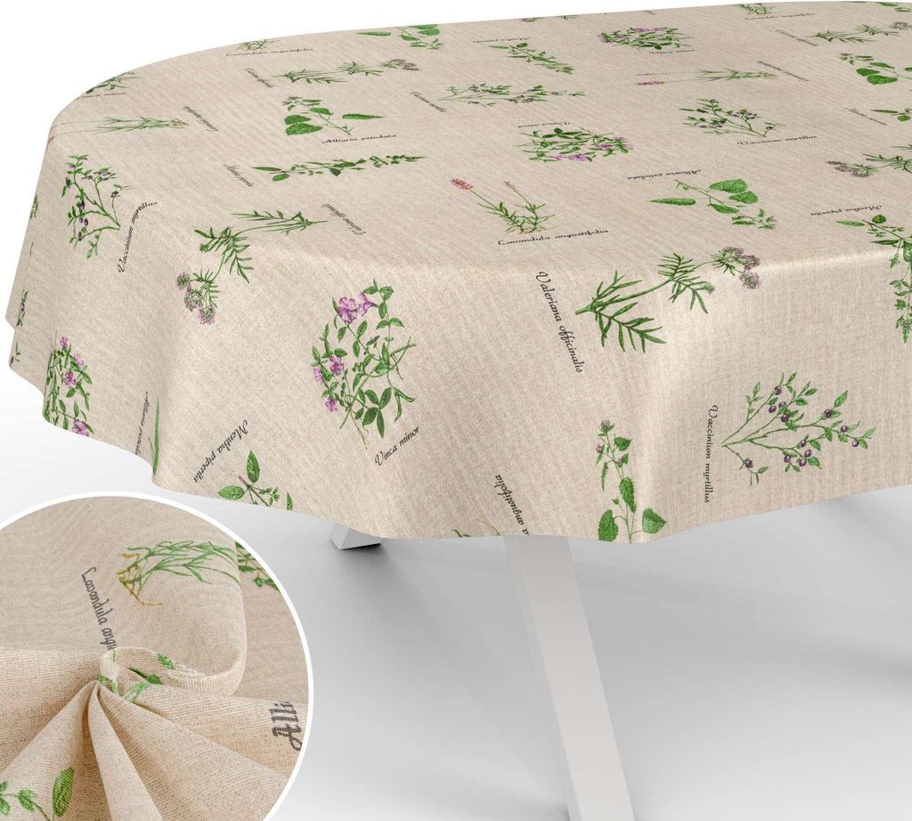 Tischdecke Botanik mit Blumen Botanik aus Stoff Tischwäsche mit Beschichtung Tischtuch Naturel Beige Oval Breite 140cm Länge 180cm mit Schnittkante