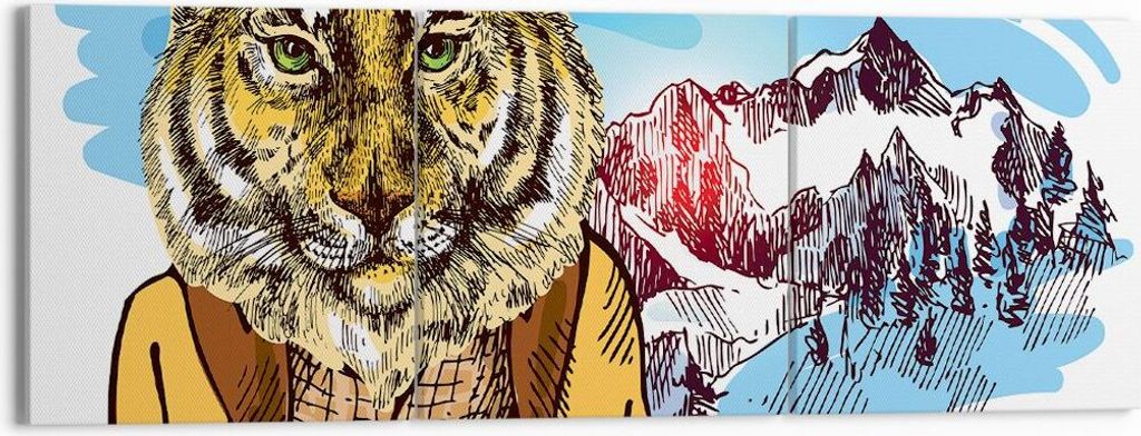 Bild auf Leinwand - Leinwandbild - Tiger in den Bergen Kinder Tierwelt - 150x50cm - Wand Bild - Wanddeko - Leinwanddruck - Bilder - Kunstdruck - Le...