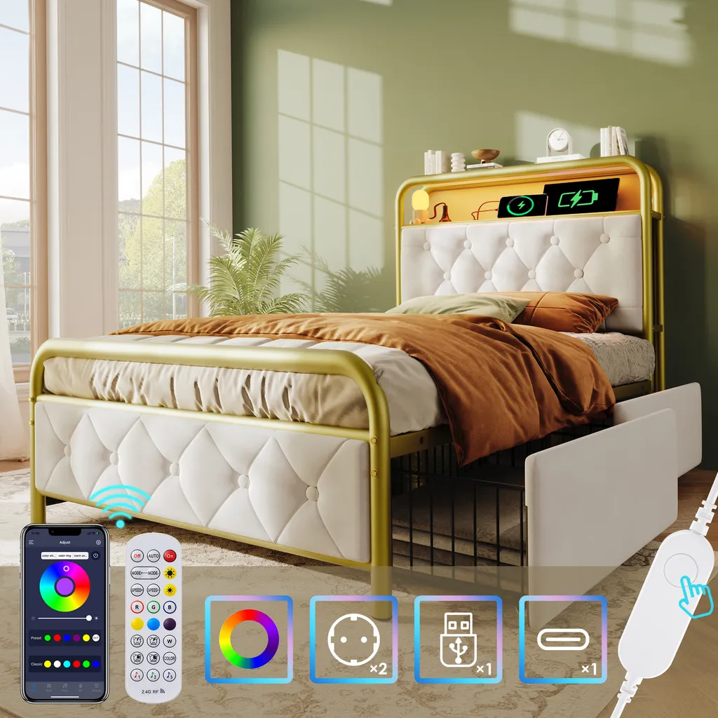 Lit fonctionnel 90x200cm gain de place avec tiroir et LED velours blanc