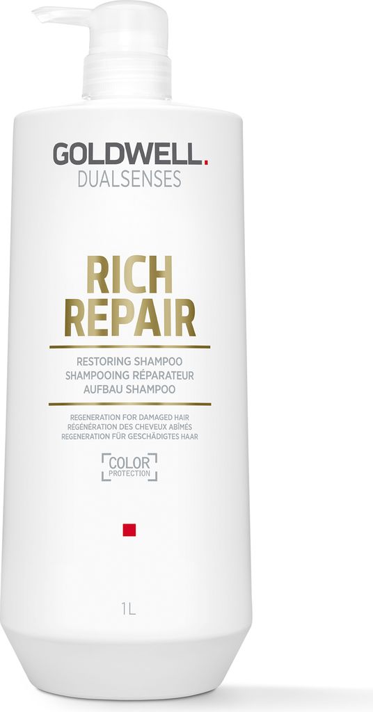 A white bottle of Goldwell Dualsenses Rich Repair Restoring Shampoo with a pump dispenser.