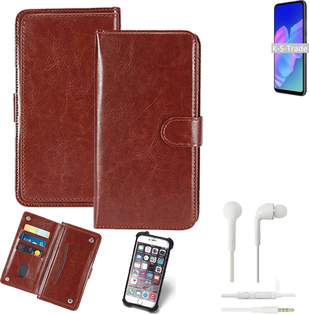 K-S-Trade 360° Hülle kompatibel mit Huawei P40 lite E inkl. Headphones braun Kunstleder Case BookCase WalletCase Kunstlederederhülle Handyhülle,