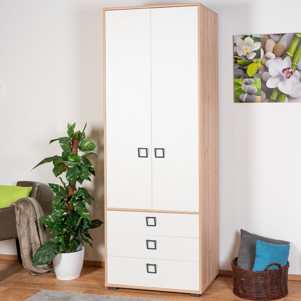 Kinderzimmer - Drehtürenschrank / Kleiderschrank Benjamin 18, Farbe: Buche / Weiß - 236 x 84 x 56 cm (H x B x T)