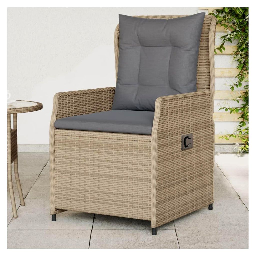 Gartenstuhl 2 Stück, mit Kissen, Stahlrahmen, Loungesessel für den Außenbereich, verstellbar, Beige, Poly Rattan