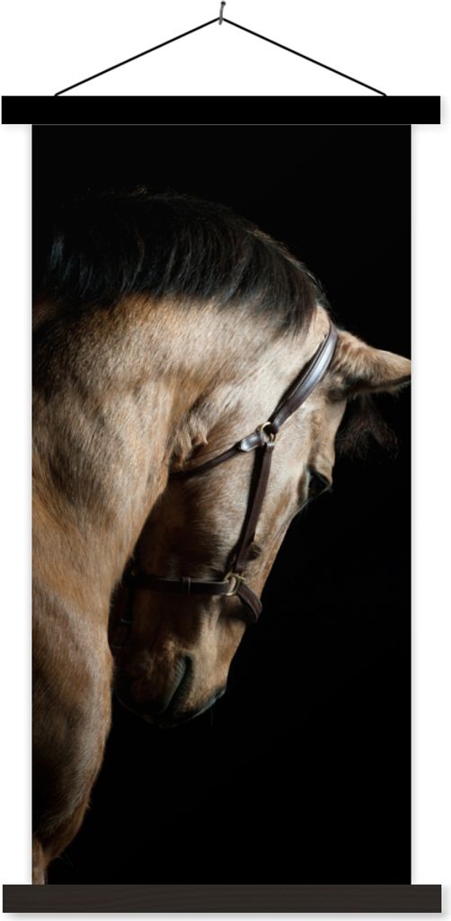 MuchoWow Textilposter Pferde - Halfter - Schwarz 90x180 cm mit schwarzem Rahmen - Dekoration Wohnzimmer