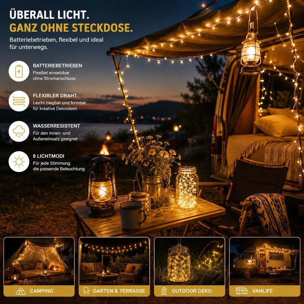ENLACE LED Lichterkette – 10 M, 100 LEDs, Warmweiß, Batteriebetrieben (3x AA), IP65 Wasserdicht, Mit Fernbedienung, 8 Modi – Für Innen & Außen