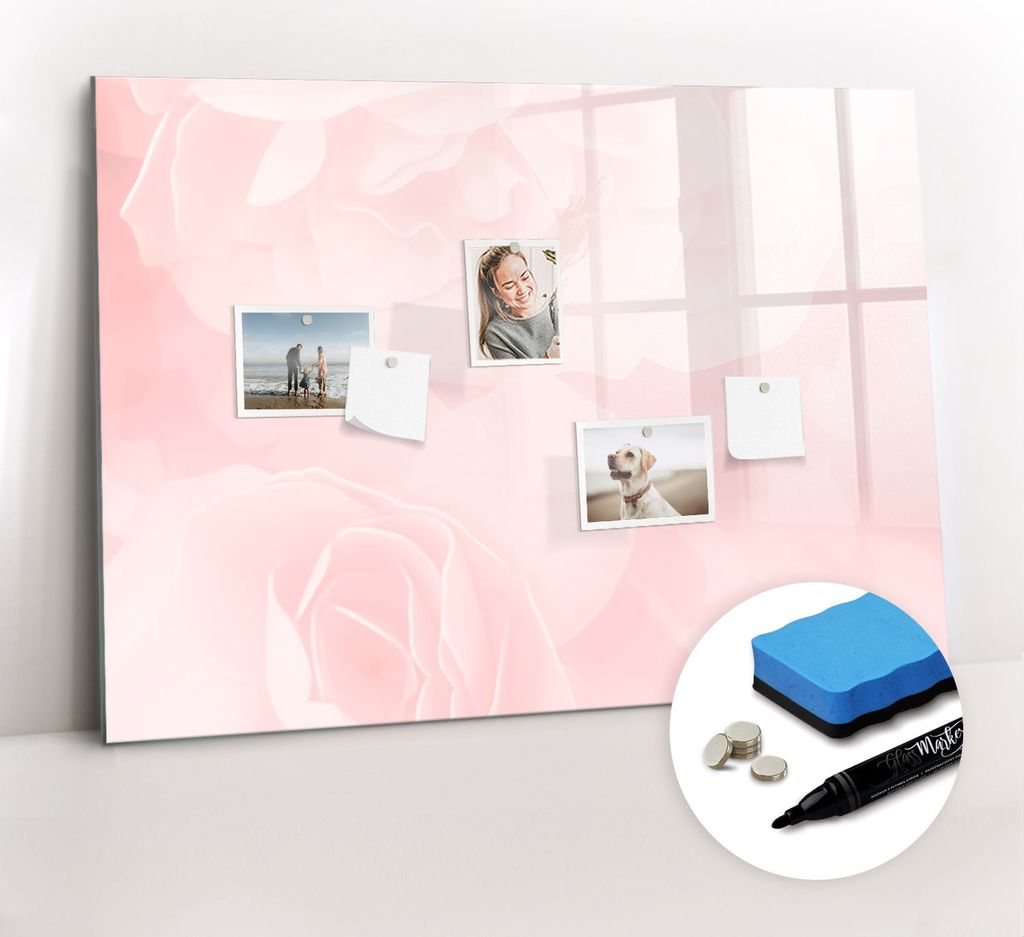 Magnetpinnwand Memoboard - Zubehörsatz - Schwarzer Marker + Schwamm + Magnete - 100 x 70 cm - Blühende Rosen
