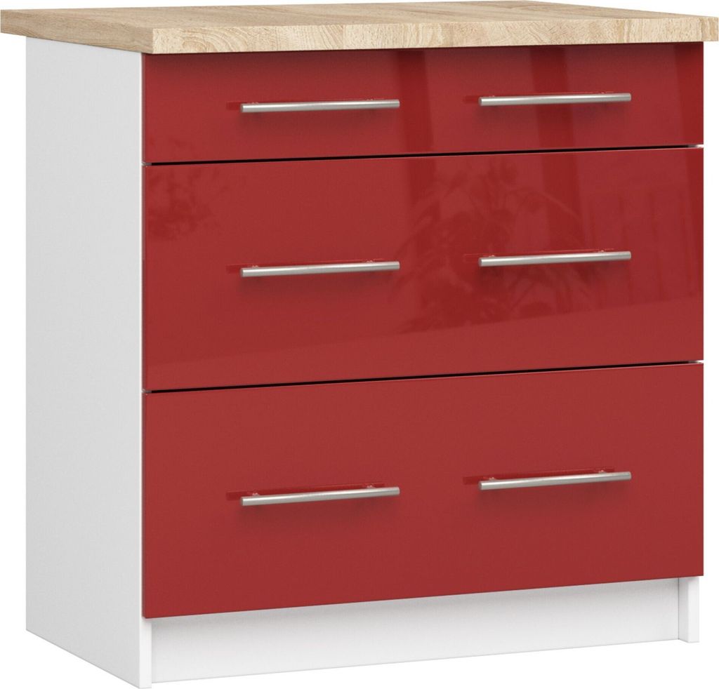 Küchenschrank AKORD LIMA modular S80 Unterschrank mit Arbeitsplatte Weiß 80 cm 3 Schubladen Front Rot Glanz B80 x H85 x T46 cm