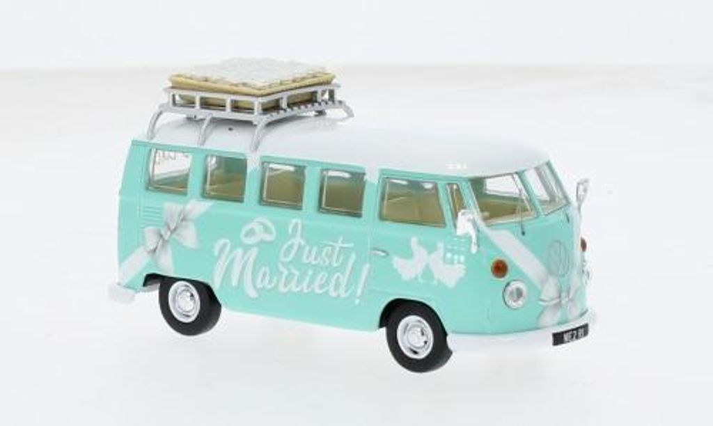 Corgi COCCC02737 - 1/43 - VW T1 Camper, türkis/Dekor, Just Married - Neu