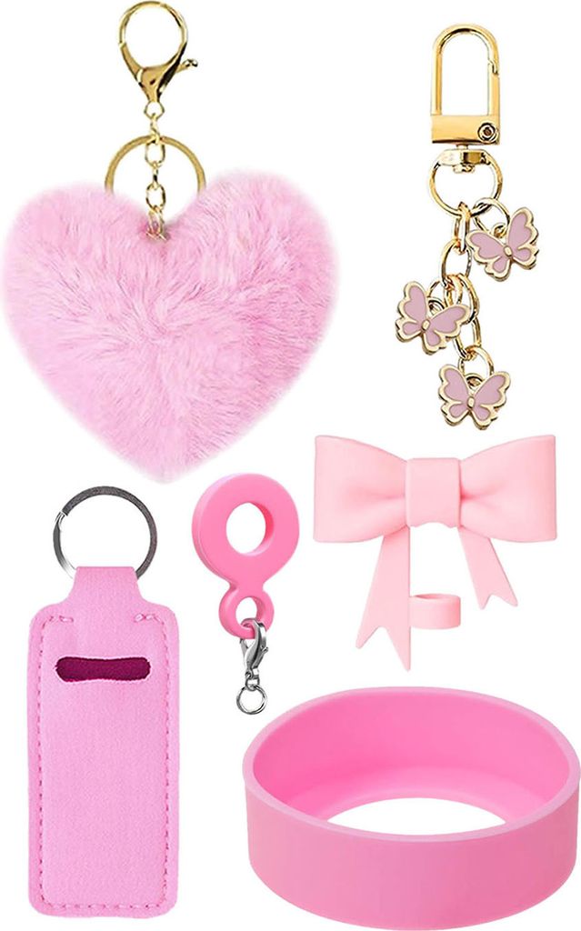 6-teiliges Tassenzubehör-Set für Stanley Cup 30 oz 40 oz Becher mit Henkel, einschließlich Herz-Haarballen-Anhänger, Lippenstifttasche, Schleif...