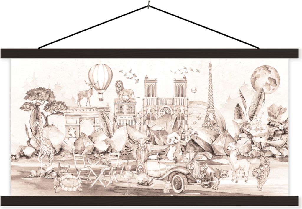 MuchoWow Textilposter Kinder - Paris - Panda - Tiere - Heißluftballon 60x30 cm mit schwarzem Rahmen - Textilien
