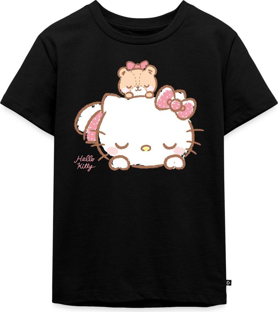 Spreadshirt Hello Kitty Mit Teddy Auf Dem Rücken Kinder Premium T-Shirt, 122/128 (6 Jahre), Schwarz