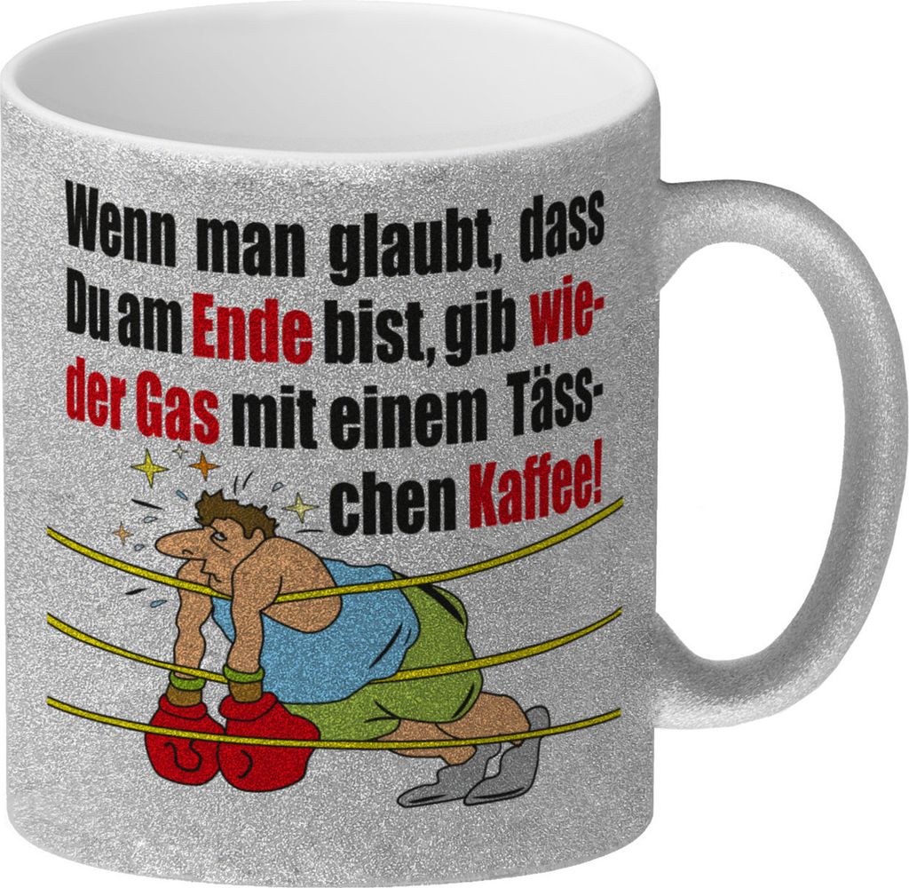 Motivation Glitzer-Kaffeebecher mit Boxer Motiv in weiß