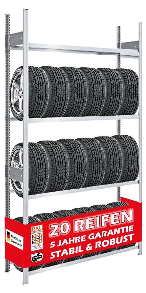 Reifenregal TIRE PRO Germany | Grundregal | HxBxT 250x130x43cm | 150kg Fachlast | bis zu 20 Reifen auf 4 Ebenen | Verzinkt