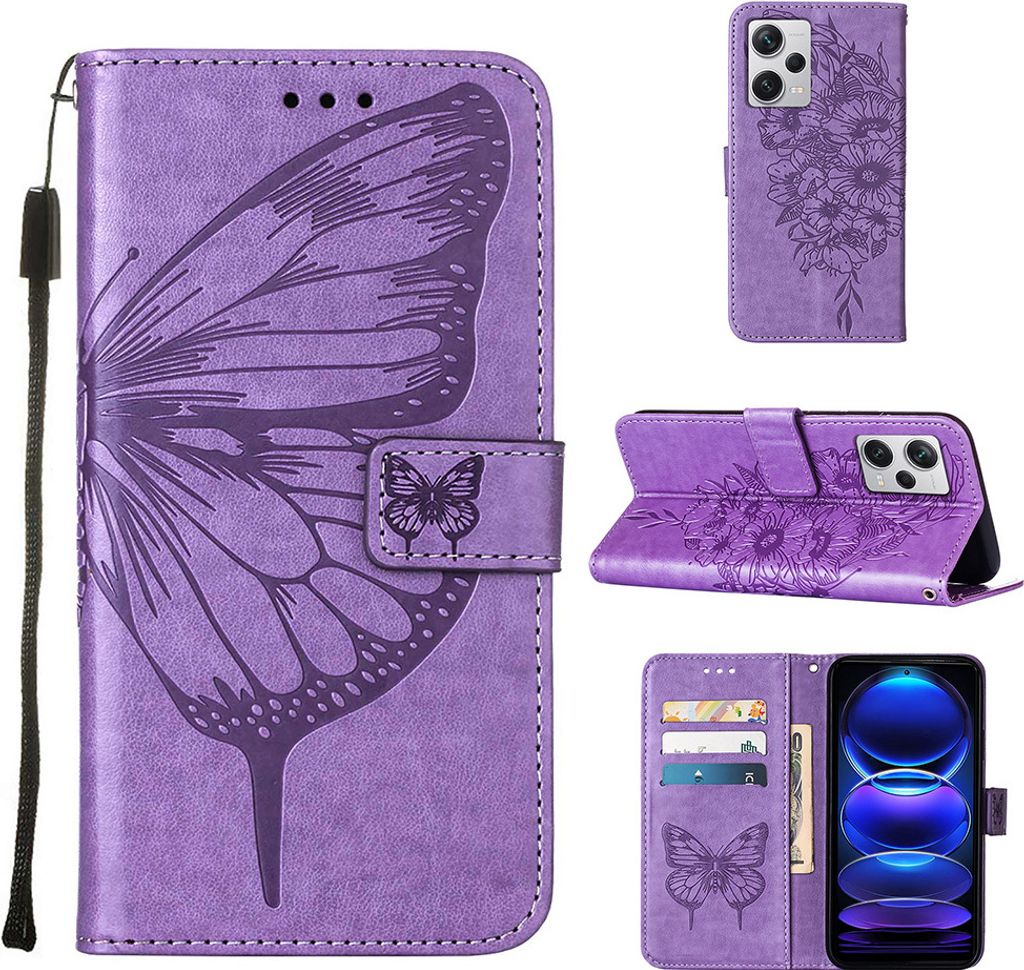Lederhülle für Xiaomi Redmi Note 12 Pro+ Schmetterling Prägung Flip Ledertasche Kartenfächer Handyhülle mit Ständer Violett
