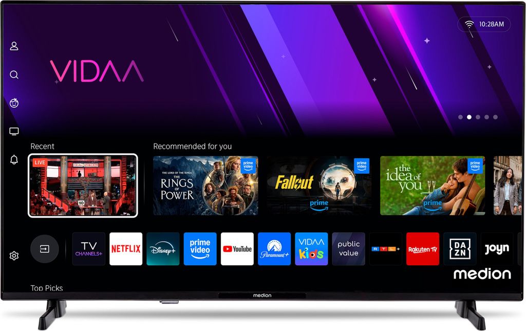 A smart TV screen displaying various streaming service logos and content recommendations.