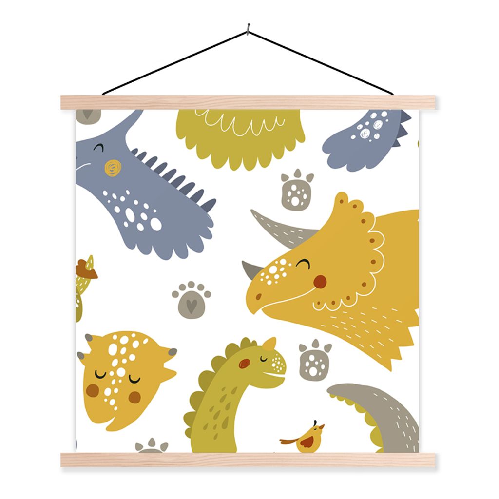 MuchoWow Textilposter Dinosaurier - Schnittmuster - Jungen - Dino - Kinder 60x60 cm mit holzfarbenen Rahmen - Wanddekoration