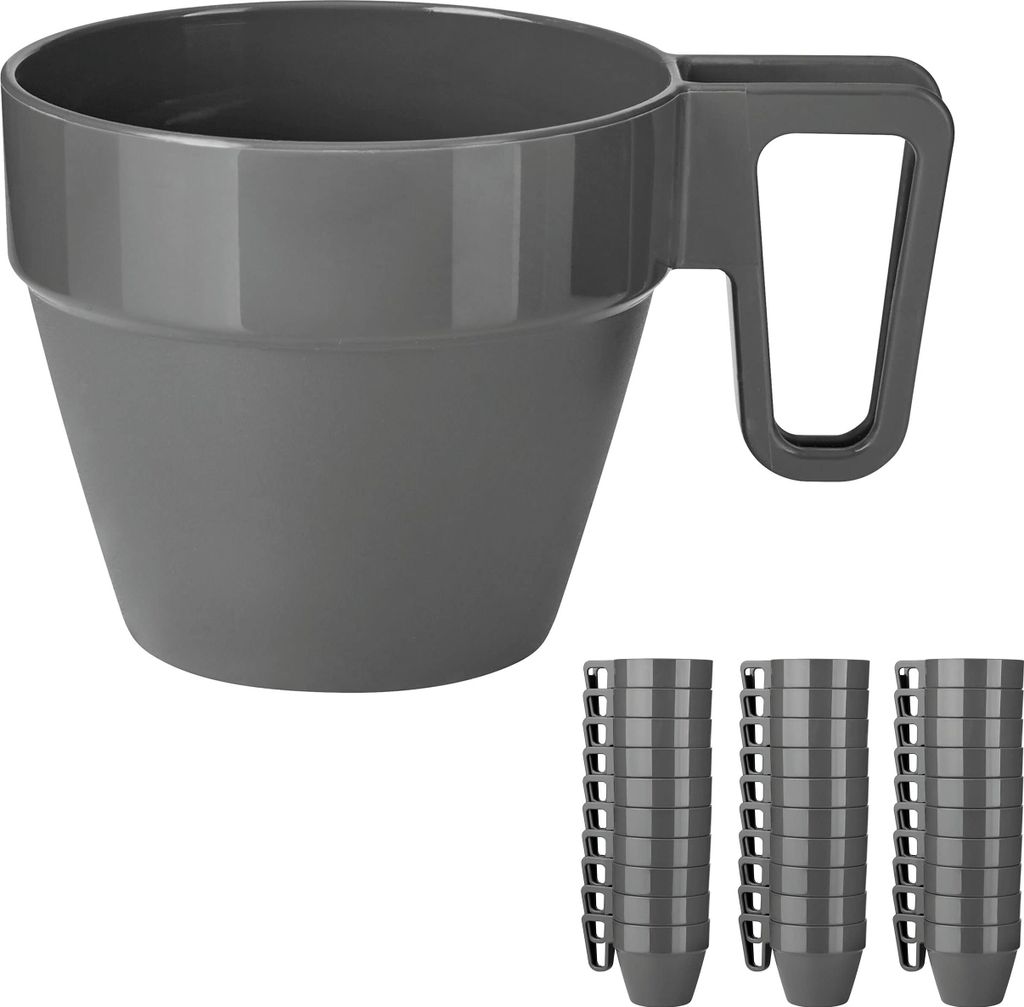 Mehrwegbecher 30er Set – Stapelbare Kaffeetassen mit Henkel aus Kunststoff, bruchsicher und spülmaschinenfest, wiederverwendbare Campingtassen