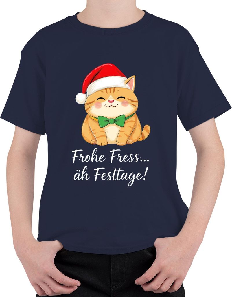 Frohe Fress äh Festtage Katzenliebhaber Katze Weihnachten lustig Uni Kinder T-Shirt, Navy, 140