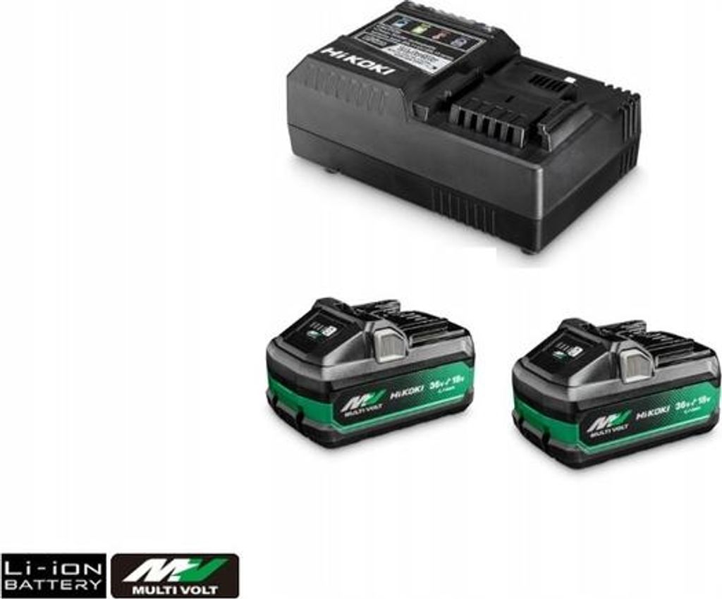 A black battery charger and two green and black batteries are displayed on a white background.