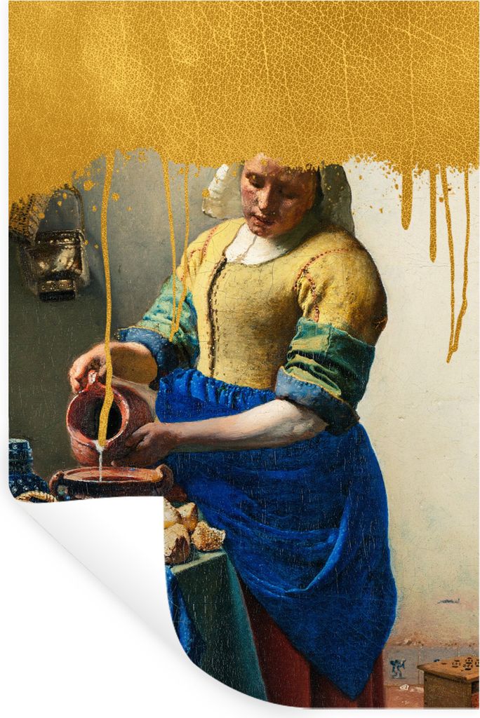 MuchoWow Wandtattoo Wandsticker Wandaufkleber Milchmädchen - Gold - Vermeer 60x90 cm Selbstklebend und Repositionierbar - Sticker - Dekorfolie