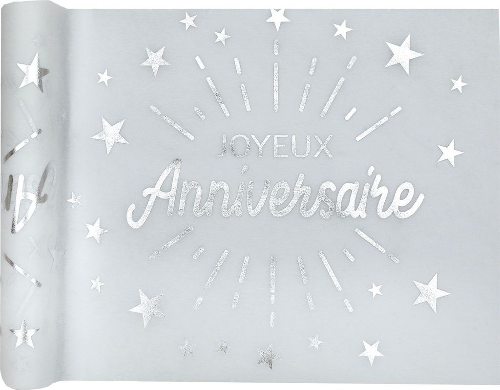 Vlies Tischläufer Geburtstag Weiß Silber 5m x 30cm - Einheitsgröße