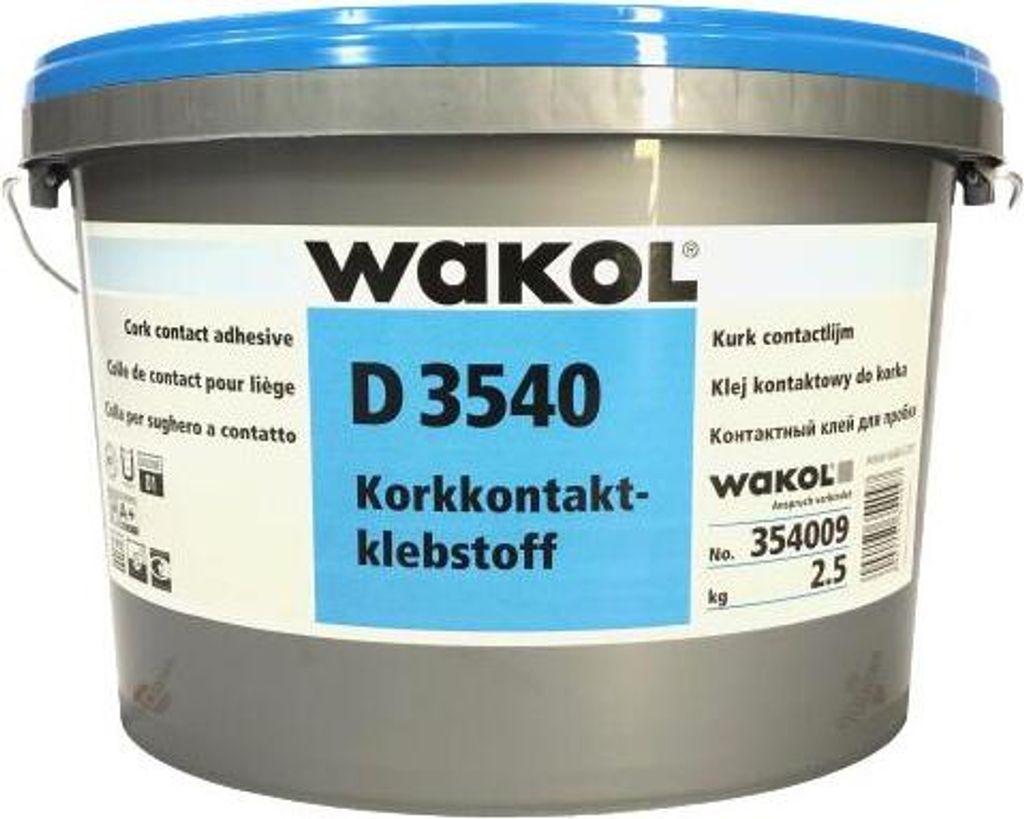 A gray bucket with a blue lid containing adhesive.