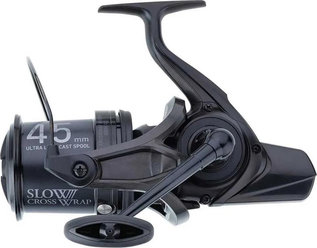 A black fishing reel is shown against a white background.