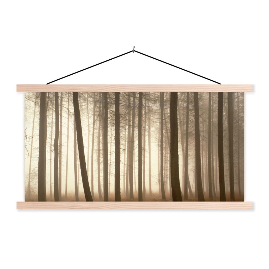 MuchoWow Textilposter Wald - Nebel - Baum 120x60 cm mit holzfarbenen Rahmen - Klemmleiste