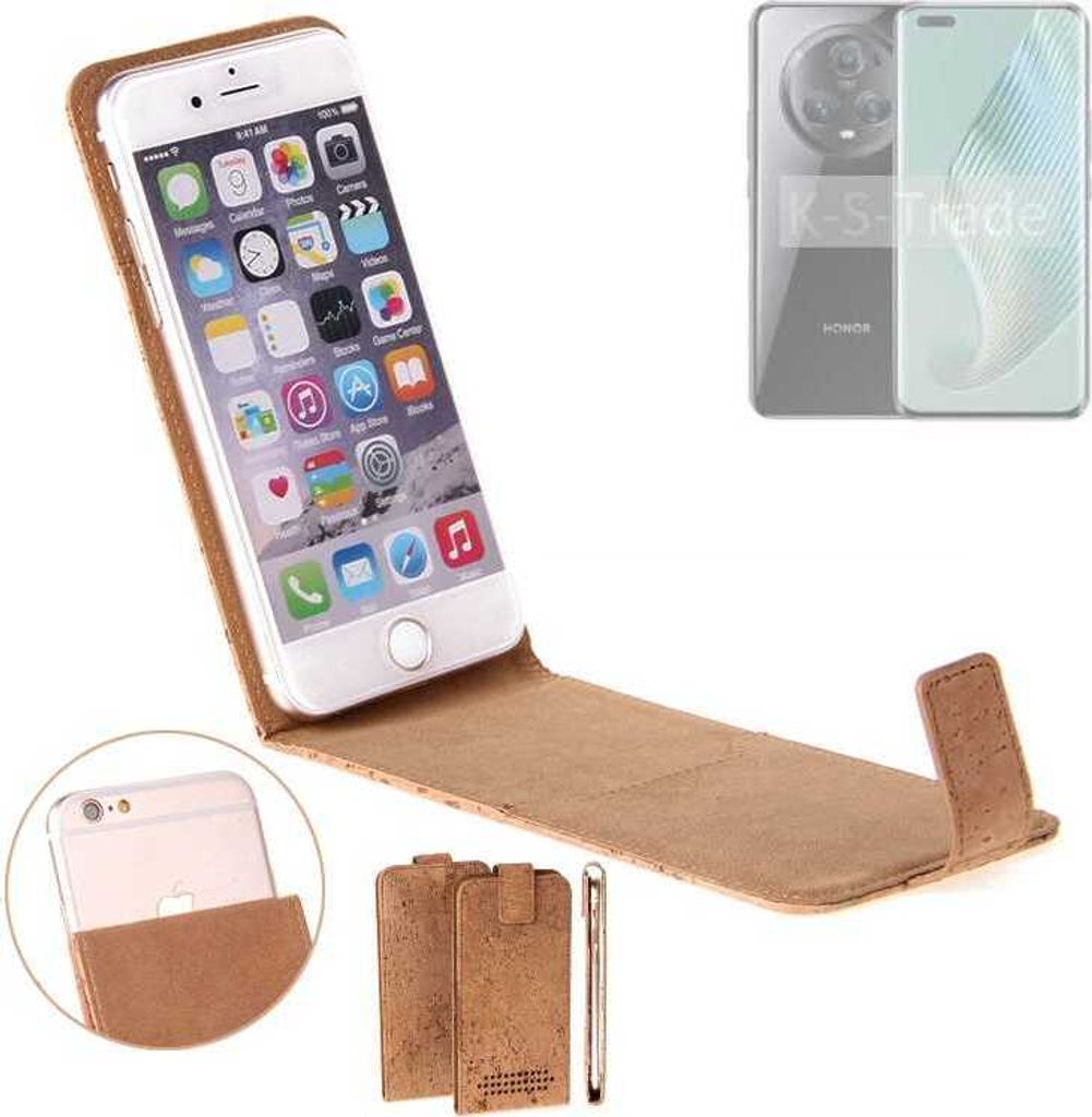 K-S-Trade Handyhülle kompatibel mit Honor Magic5 Pro Kork Hülle Flipstyle Case Schutzhülle Kork Case Hülle Flip cover Klapphülle Klapp, braun 1x