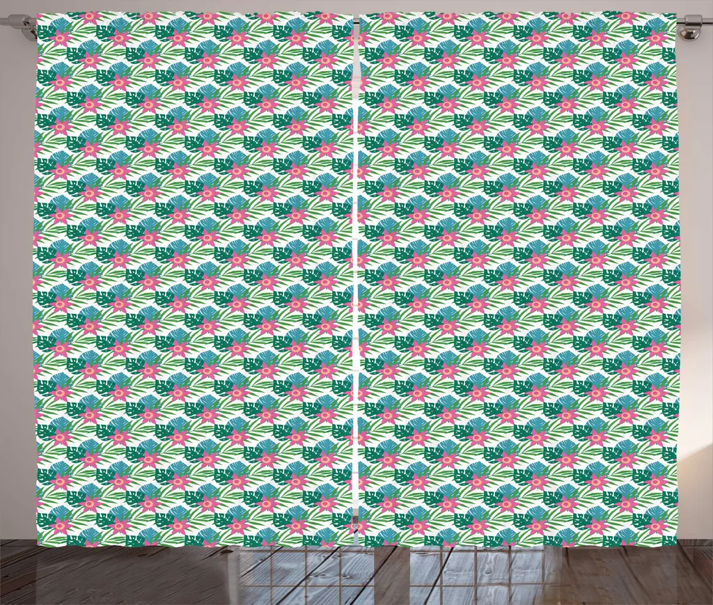 Rideau pour chambre à coucher motif tropical 280x225 cm Vert et Rose
