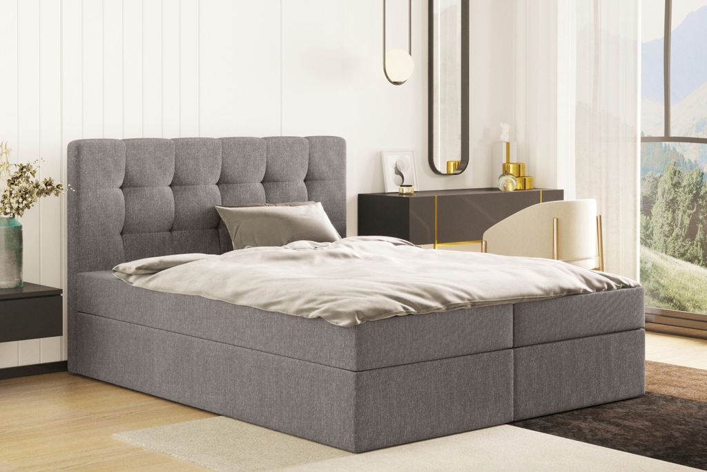 Kaiser Möbel Boxspringbett mit matratze und bettkasten, Schlafbett LUDANO stoff Sydney Grau 140x200 cm H2-Pocket