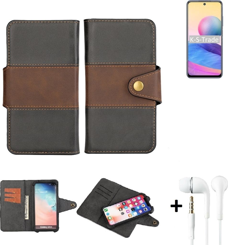 K-S-Trade Handyhülle Schutzhülle Bookstyle Wallet-Case kompatibel mit Xiaomi Redmi Note 10 5G + earphones Bumper rundumschutz schwarz-braun 1x
