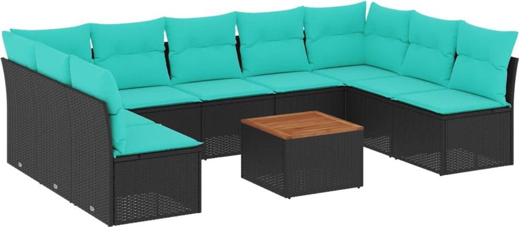 vidaXL 10-tlg. Garten-Sofagarnitur mit Kissen Schwarz Poly Rattan