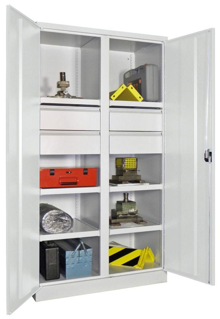 PAVOY Schwerlastschrank m.TürenB1040xT630xH1950 mm 6 FB, SL 4 x FH 175 mm RAL 7035 Mittelwand