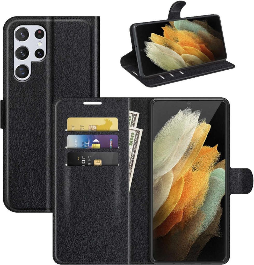 Für Samsung Galaxy S22 Ultra Handy Tasche Schwarz Etuis Kunst-Leder Hülle Schutz