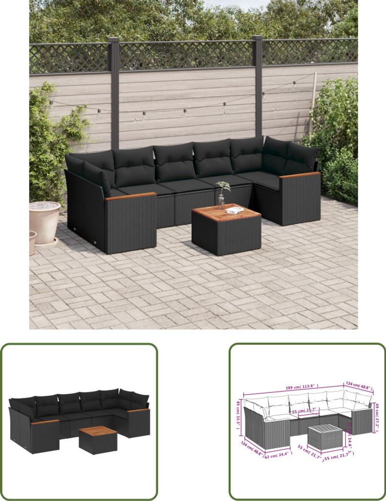The Living Store 8-tlg. Garten-Sofagarnitur mit Kissen Schwarz Poly Rattan