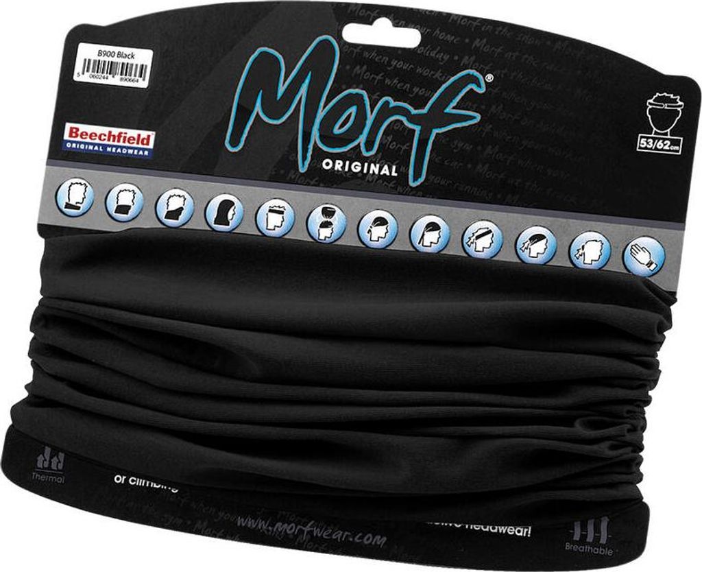 A black neck gaiter product displayed in its retail packaging.